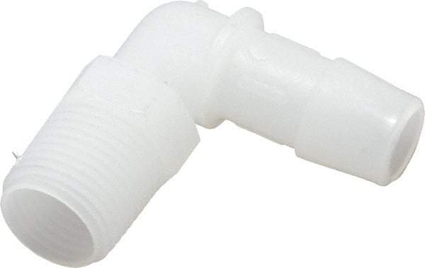 Made in USA - 1/2" Barb, 1/2, Kynar Single Barbed Tube Elbow - Natural, Male - Exact Tool & Supply