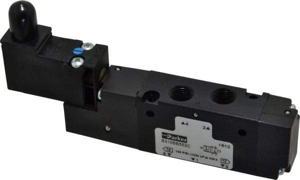 Parker - 1/8", 4-Way Body Ported Stacking Solenoid Valve - 120 VAC, 0.75 CV Rate, Air Return, 2.14" High x 4.67" Long - Exact Tool & Supply