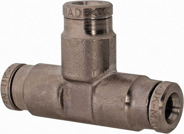 Norgren - 3/16" Outside Diam, Nickel Plated Brass Push-to-Connect Tube Union Tee - 260 Max psi, Tube to Tube Connection - Exact Tool & Supply