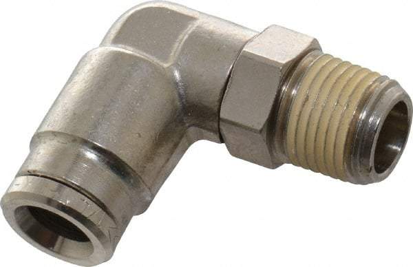Norgren - 1/8 NPTF, Nickel Plated Brass Push-to-Connect Tube Male Swivel Elbow - 260 Max psi, Tube to Male NPT Connection - Exact Tool & Supply