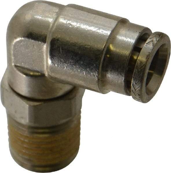 Norgren - 1/4 NPTF, Nickel Plated Brass Push-to-Connect Tube Male Swivel Elbow - 260 Max psi, Tube to Male NPT Connection - Exact Tool & Supply
