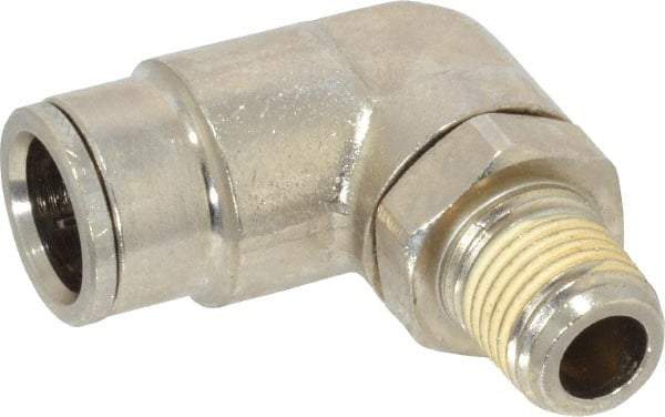 Norgren - 1/4 NPTF, Nickel Plated Brass Push-to-Connect Tube Male Swivel Elbow - 260 Max psi, Tube to Male NPT Connection - Exact Tool & Supply