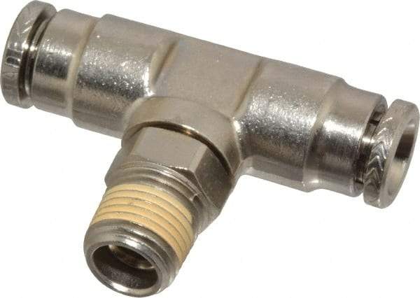 Norgren - 1/8 NPTF, Nickel Plated Brass Push-to-Connect Tube Male Swivel Branch Tee - 260 Max psi, Tube to Male NPT Connection - Exact Tool & Supply