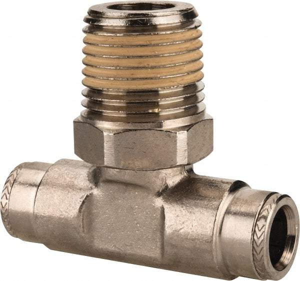 Norgren - 1/2 NPTF, Nickel Plated Brass Push-to-Connect Tube Male Swivel Branch Tee - 260 Max psi, Tube to Male NPT Connection - Exact Tool & Supply