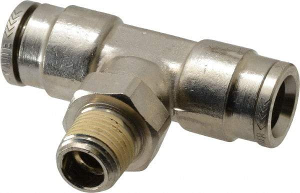 Norgren - 1/8 NPTF, Nickel Plated Brass Push-to-Connect Tube Male Swivel Branch Tee - 260 Max psi, Tube to Male NPT Connection - Exact Tool & Supply