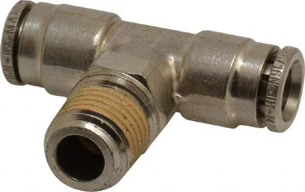Norgren - 1/4 NPTF, Nickel Plated Brass Push-to-Connect Tube Male Swivel Branch Tee - 260 Max psi, Tube to Male NPT Connection - Exact Tool & Supply