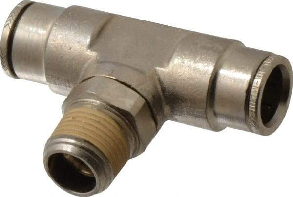 Norgren - 3/8 NPTF, Nickel Plated Brass Push-to-Connect Tube Male Swivel Branch Tee - 260 Max psi, Tube to Male NPT Connection - Exact Tool & Supply