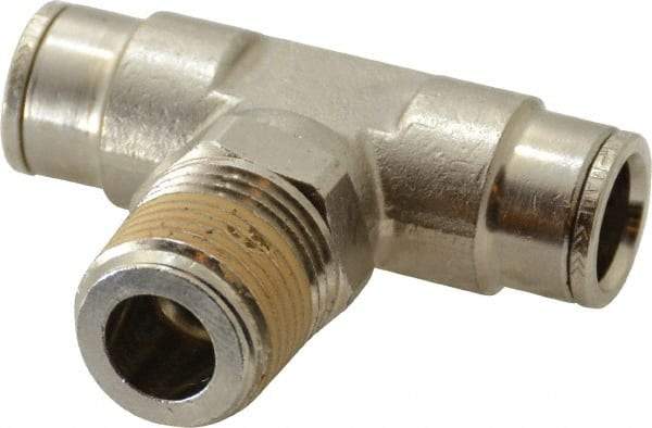 Norgren - 1/2 NPTF, Nickel Plated Brass Push-to-Connect Tube Male Swivel Branch Tee - 260 Max psi, Tube to Male NPT Connection - Exact Tool & Supply
