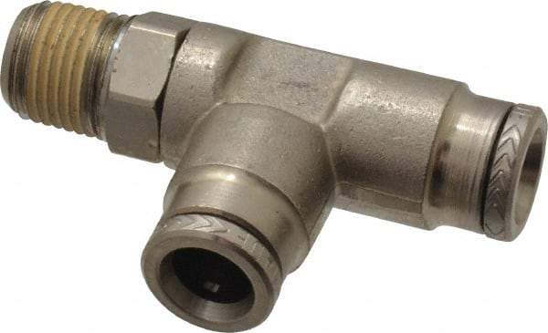 Norgren - 1/8 NPTF, Nickel Plated Brass Push-to-Connect Tube Male Swivel Run Tee - 260 Max psi, Tube to Male NPT Connection - Exact Tool & Supply
