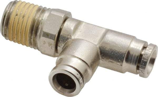 Norgren - 1/4 NPTF, Nickel Plated Brass Push-to-Connect Tube Male Swivel Run Tee - 260 Max psi, Tube to Male NPT Connection - Exact Tool & Supply