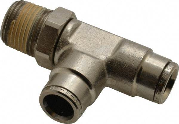 Norgren - 3/8 NPTF, Nickel Plated Brass Push-to-Connect Tube Male Swivel Run Tee - 260 Max psi, Tube to Male NPT Connection - Exact Tool & Supply