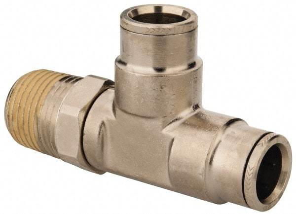 Norgren - 1/2 NPTF, Nickel Plated Brass Push-to-Connect Tube Male Swivel Run Tee - 260 Max psi, Tube to Male NPT Connection - Exact Tool & Supply