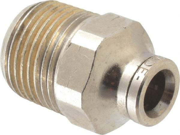 Norgren - 1/4" Outside Diam, 3/8 BSPT, Nickel Plated Brass Push-to-Connect Tube Male Connector - 260 Max psi, Tube to Male Connection - Exact Tool & Supply