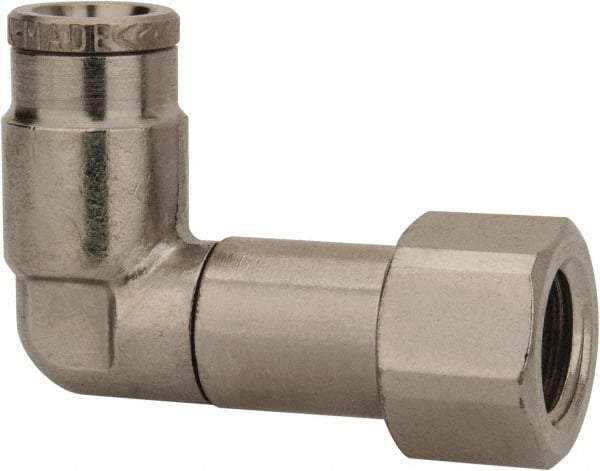 Norgren - 1/4" Outside Diam, 1/8 NPTF, Nickel Plated Brass Push-to-Connect Tube Female Swivel Elbow - 260 Max psi, Tube to Female NPT Connection - Exact Tool & Supply