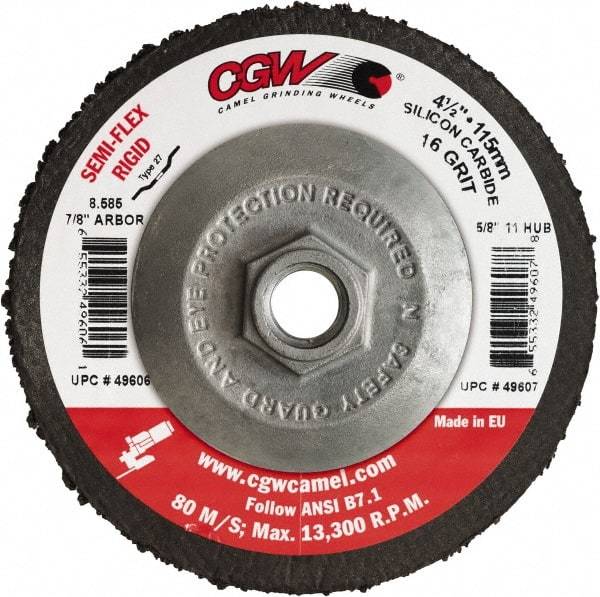 Camel Grinding Wheels - 4-1/2" Diam 5/8-11 Threaded Hole 36 Grit Fiber Disc - Medium Grade, Silicon Carbide, 13,300 Max RPM - Exact Tool & Supply