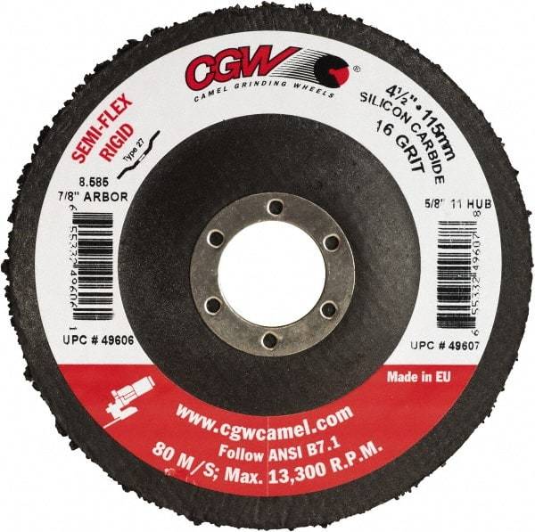 Camel Grinding Wheels - 7" Diam 7/8" Hole 36 Grit Fiber Disc - Medium Grade, Silicon Carbide, 8,600 Max RPM - Exact Tool & Supply
