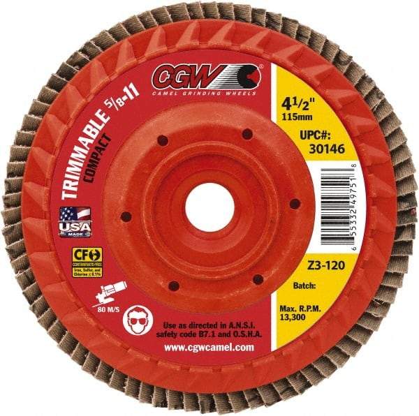 Camel Grinding Wheels - 80 Grit, 6" Disc Diam, 5/8-11 Center Hole, Compact Ceramic Flap Disc - 10,200 Max RPM, Cloth Backing, Arbor Attaching System, Coated - Exact Tool & Supply