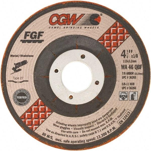 Camel Grinding Wheels - 46 Grit, 4-1/2" Wheel Diam, 1/8" Wheel Thickness, Type 27 Depressed Center Wheel - Medium Grade, Aluminum Oxide, Resinoid Bond, 13,300 Max RPM - Exact Tool & Supply