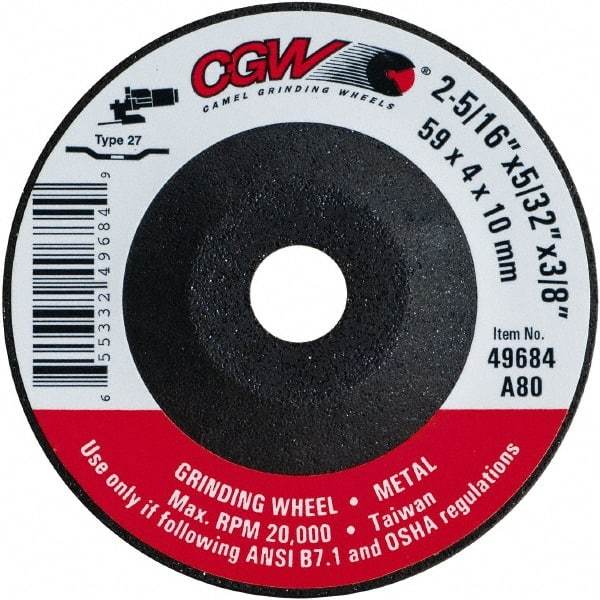 Camel Grinding Wheels - 80 Grit, 2-5/16" Wheel Diam, 5/32" Wheel Thickness, 3/8" Arbor Hole, Type 27 Depressed Center Wheel - Medium Grade, Aluminum Oxide, Resinoid Bond, 20,000 Max RPM - Exact Tool & Supply