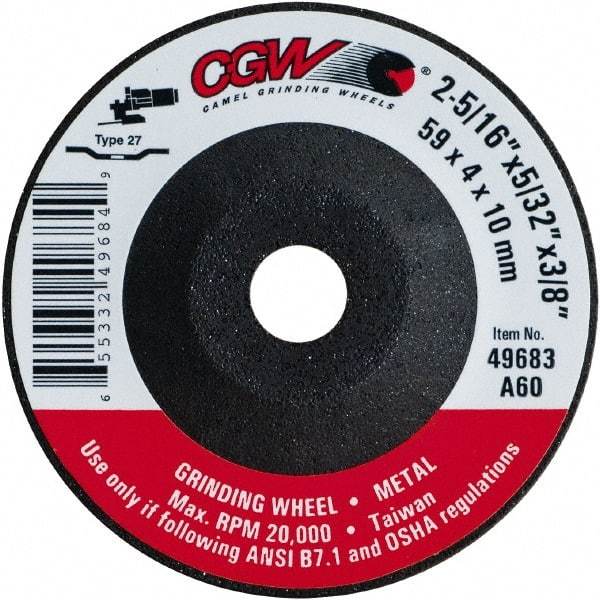 Camel Grinding Wheels - 60 Grit, 2-5/16" Wheel Diam, 5/32" Wheel Thickness, 3/8" Arbor Hole, Type 27 Depressed Center Wheel - Medium Grade, Aluminum Oxide, Resinoid Bond, 20,000 Max RPM - Exact Tool & Supply