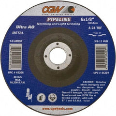 Camel Grinding Wheels - 24 Grit, 6" Wheel Diam, 1/8" Wheel Thickness, 7/8" Arbor Hole, Type 27 Depressed Center Wheel - Coarse Grade, Aluminum Oxide, Resinoid Bond, 10,200 Max RPM - Exact Tool & Supply