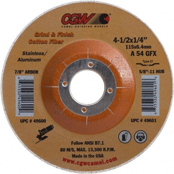 Camel Grinding Wheels - 54 Grit, 4-1/2" Wheel Diam, 1/4" Wheel Thickness, 7/8" Arbor Hole, Type 27 Depressed Center Wheel - Medium Grade, Aluminum Oxide, 13,300 Max RPM - Exact Tool & Supply
