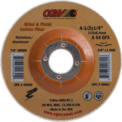 Camel Grinding Wheels - 54 Grit, 4-1/2" Wheel Diam, 1/4" Wheel Thickness, 7/8" Arbor Hole, Type 27 Depressed Center Wheel - Medium Grade, Aluminum Oxide, 13,300 Max RPM - Exact Tool & Supply