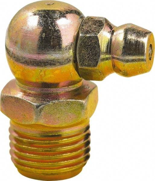 lumax - 90° Head Angle, 1/8 PTF Steel Taper Thread Grease Fitting - Zinc Plated Finish - Exact Tool & Supply