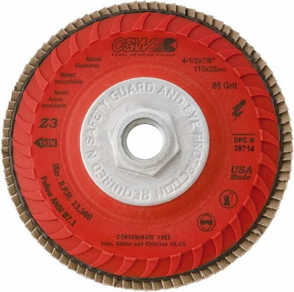 Camel Grinding Wheels - 120 Grit, 5" Disc Diam, 5/8-11 Center Hole, Compact Zirconia Alumina Flap Disc - 12,200 Max RPM, Poly Cotton Backing, Arbor Attaching System, Coated - Exact Tool & Supply
