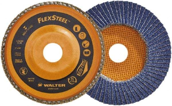 WALTER Surface Technologies - 60 Grit, 5" Disc Diam, 7/8" Center Hole, Type 27 Zirconia Alumina Flap Disc - 12,200 Max RPM, Wood Fiber Backing, Arbor Attaching System, Coated - Exact Tool & Supply