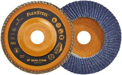 WALTER Surface Technologies - 60 Grit, 5" Disc Diam, 7/8" Center Hole, Type 27 Zirconia Alumina Flap Disc - 12,200 Max RPM, Wood Fiber Backing, Arbor Attaching System, Coated - Exact Tool & Supply