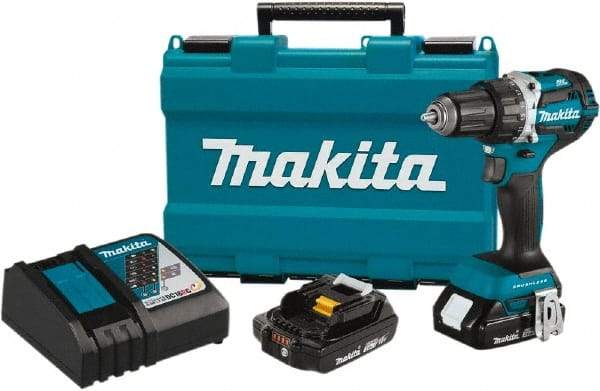 Makita - 18 Volt 1/2" Chuck Pistol Grip Handle Cordless Drill - 0-2000 RPM, Reversible, 2 Lithium-Ion Batteries Included - Exact Tool & Supply