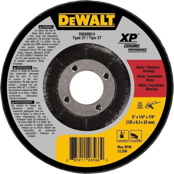 DeWALT - 5" Wheel Diam, 1/4" Wheel Thickness, 7/8" Arbor Hole, Type 27 Depressed Center Wheel - Medium Grade, Ceramic, 12,200 Max RPM - Exact Tool & Supply