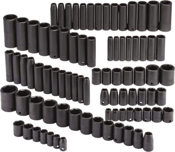 Proto - 86 Piece 3/8" & 1/2" Drive Black Finish Deep Well Impact Socket Set - 6 Points, 5/16" to 1-1/4" (9mm to 27mm) Range, Inch/Metric Measurement Standard - Exact Tool & Supply