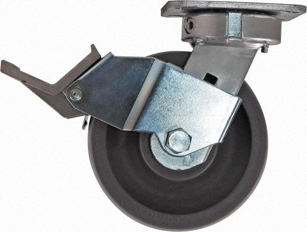 Caster Connection - 6" Diam x 2" Wide x 7-1/2" OAH Top Plate Mount Swivel Caster with Brake - Nylon, 1,500 Lb Capacity, Sealed Precision Ball Bearing, 4 x 4-1/2" Plate - Exact Tool & Supply