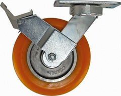 Caster Connection - 8" Diam x 2" Wide x 9-1/2" OAH Top Plate Mount Swivel Caster with Brake - Polyurethane, 1,200 Lb Capacity, Sealed Precision Ball Bearing, 4-1/2 x 6-1/4" Plate - Exact Tool & Supply
