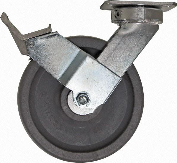 Caster Connection - 8" Diam x 2" Wide x 10-1/8" OAH Top Plate Mount Swivel Caster with Brake - Nylon, 2,000 Lb Capacity, Sealed Precision Ball Bearing, 4 x 4-1/2" Plate - Exact Tool & Supply