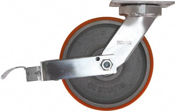 Caster Connection - 10" Diam x 3" Wide x 11-1/2" OAH Top Plate Mount Swivel Caster with Brake - Polyurethane, 2,750 Lb Capacity, Sealed Precision Ball Bearing, 4-1/2 x 6-1/4" Plate - Exact Tool & Supply