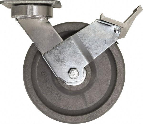 Caster Connection - 8" Diam x 2" Wide x 9-1/2" OAH Top Plate Mount Swivel Caster with Brake - Nylon, 2,000 Lb Capacity, Sealed Precision Ball Bearing, 4 x 4-1/2" Plate - Exact Tool & Supply