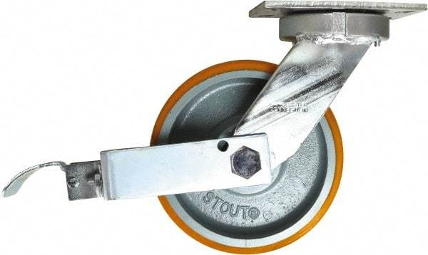 Caster Connection - 8" Diam x 3" Wide x 10-1/8" OAH Top Plate Mount Swivel Caster with Brake - Polyurethane, 2,500 Lb Capacity, Sealed Precision Ball Bearing, 4-1/2 x 6-1/4" Plate - Exact Tool & Supply