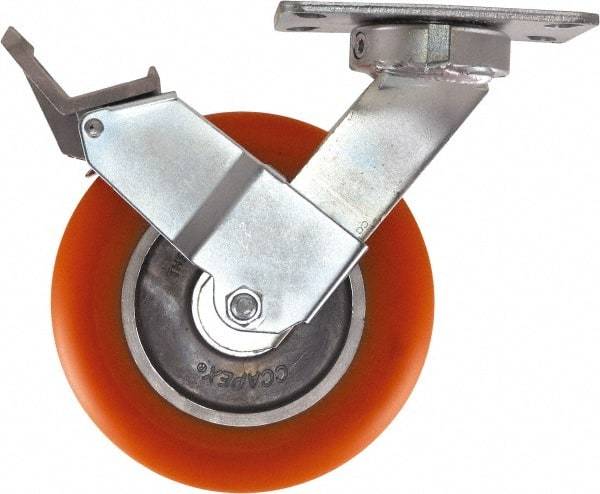 Caster Connection - 8" Diam x 2" Wide x 10-1/8" OAH Top Plate Mount Swivel Caster with Brake - Polyurethane, 1,200 Lb Capacity, Sealed Precision Ball Bearing, 4-1/2 x 6-1/4" Plate - Exact Tool & Supply