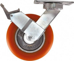 Caster Connection - 8" Diam x 2" Wide x 10-1/8" OAH Top Plate Mount Swivel Caster with Brake - Polyurethane, 1,200 Lb Capacity, Sealed Precision Ball Bearing, 4-1/2 x 6-1/4" Plate - Exact Tool & Supply