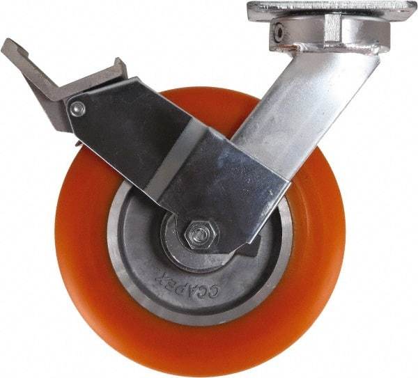 Caster Connection - 8" Diam x 2" Wide x 10-1/8" OAH Top Plate Mount Swivel Caster with Brake - Polyurethane, 1,200 Lb Capacity, Sealed Precision Ball Bearing, 4 x 4-1/2" Plate - Exact Tool & Supply