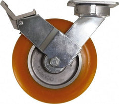 Caster Connection - 8" Diam x 2" Wide x 9-1/2" OAH Top Plate Mount Swivel Caster with Brake - Polyurethane, 1,200 Lb Capacity, Sealed Precision Ball Bearing, 4 x 4-1/2" Plate - Exact Tool & Supply