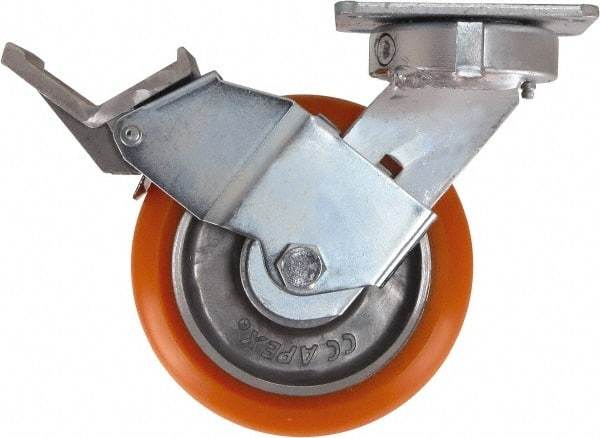 Caster Connection - 6" Diam x 2" Wide x 7-1/2" OAH Top Plate Mount Swivel Caster with Brake - Polyurethane, 1,000 Lb Capacity, Sealed Precision Ball Bearing, 4 x 4-1/2" Plate - Exact Tool & Supply