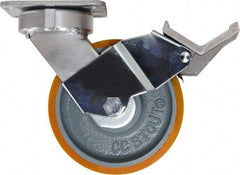 Caster Connection - 6" Diam x 2" Wide x 7-1/2" OAH Top Plate Mount Swivel Caster with Brake - Polyurethane, 1,250 Lb Capacity, Sealed Precision Ball Bearing, 4 x 4-1/2" Plate - Exact Tool & Supply