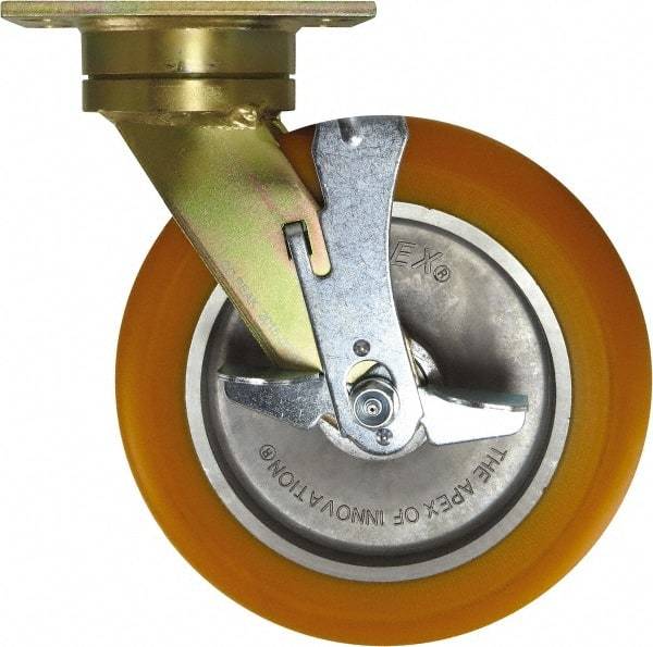 Caster Connection - 10" Diam x 2" Wide x 12" OAH Top Plate Mount Swivel Caster with Brake - Polyurethane, 1,500 Lb Capacity, Sealed Precision Ball Bearing, 4-1/2 x 6-1/4" Plate - Exact Tool & Supply