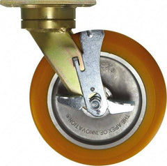Caster Connection - 10" Diam x 2" Wide x 12" OAH Top Plate Mount Swivel Caster with Brake - Polyurethane, 1,500 Lb Capacity, Sealed Precision Ball Bearing, 4-1/2 x 6-1/4" Plate - Exact Tool & Supply