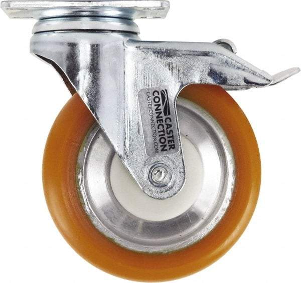Caster Connection - 5" Diam x 1-1/4" Wide x 6-1/4" OAH Top Plate Mount Swivel Caster with Brake - Polyurethane, 450 Lb Capacity, Sealed Precision Ball Bearing, 2-3/8 x 3-5/8" Plate - Exact Tool & Supply