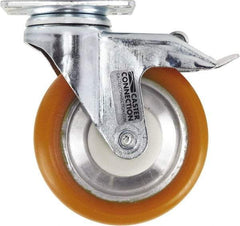 Caster Connection - 5" Diam x 1-1/4" Wide x 6-1/4" OAH Top Plate Mount Swivel Caster with Brake - Polyurethane, 450 Lb Capacity, Sealed Precision Ball Bearing, 2-3/8 x 3-5/8" Plate - Exact Tool & Supply